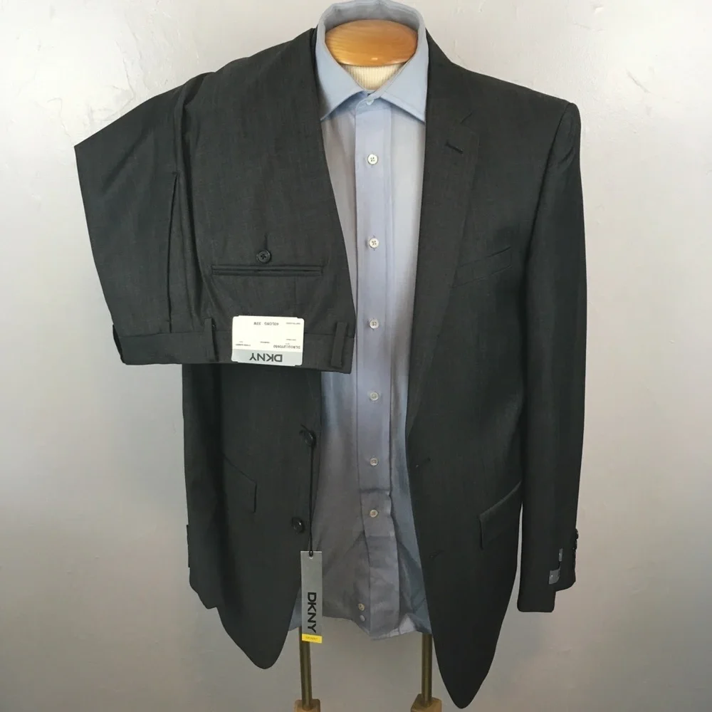 Dkny 40L mens suit solid charcoal skinny fit 100% wool 2 piece nwt new ea0094